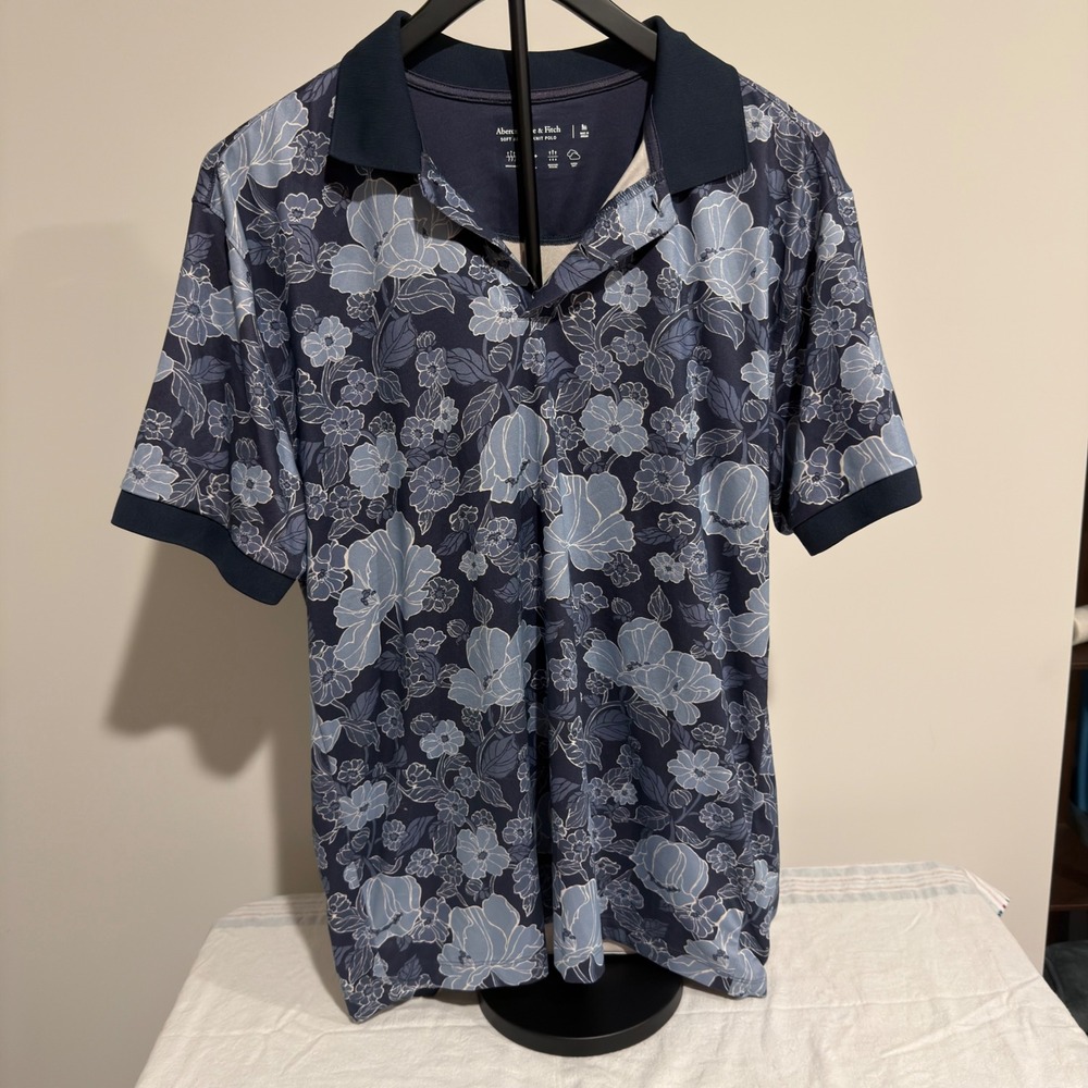 Abercrombie & Fitch Mens Air Knit Polo Shirt Navy Blue Floral Print Medium